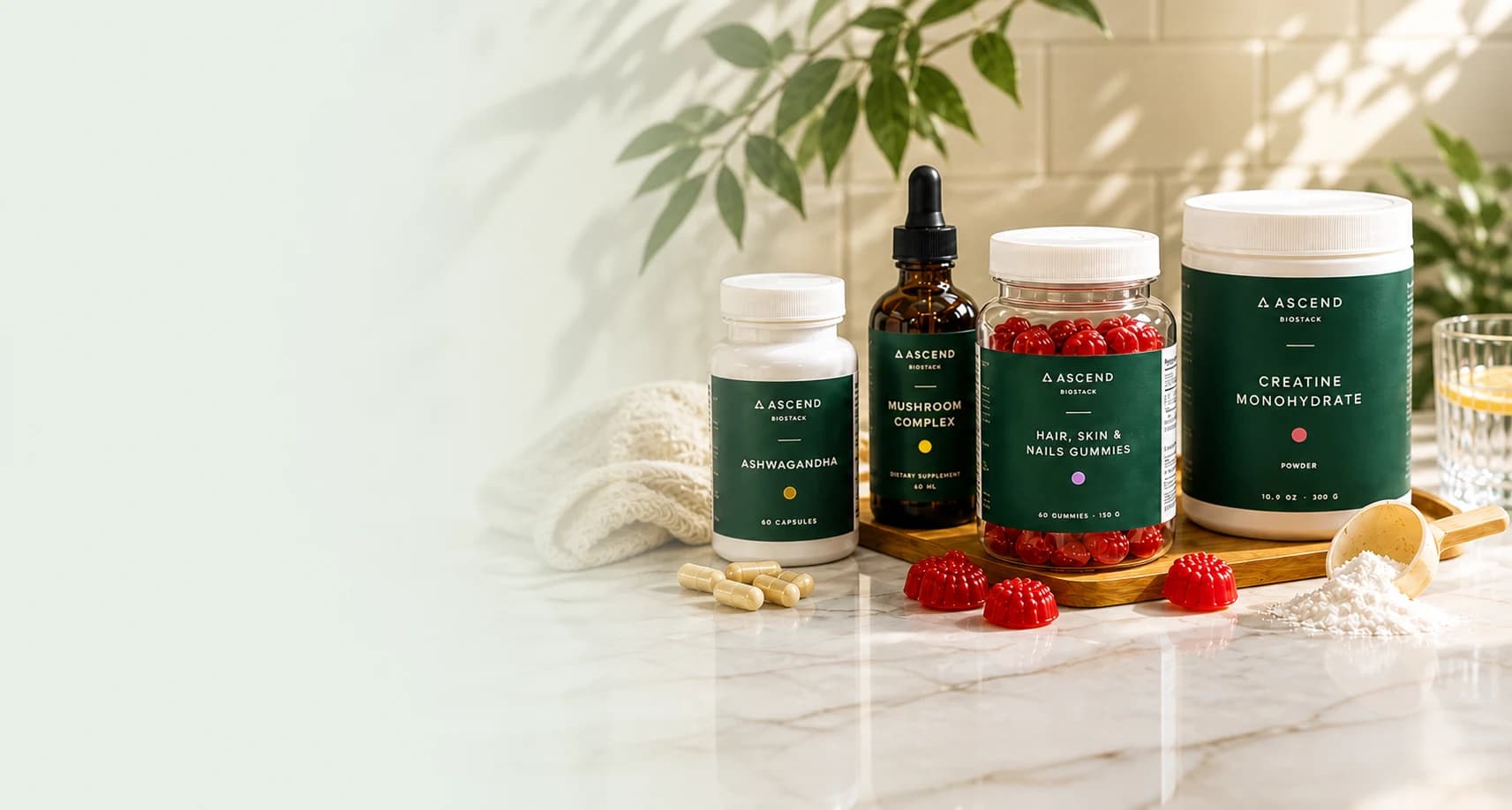 Ascend BioStack supplement products arranged with botanicals